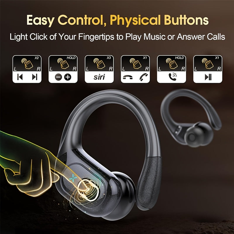Sporty Wireless Earbuds with 75 Hours of Battery Life, Featuring Stereo Sound And Deep Bass, Designed with Ear Hooks. Includes an ENC Noise-Cancelling Microphone, Perfect for Workouts, Running, Parties, Or As Gifts