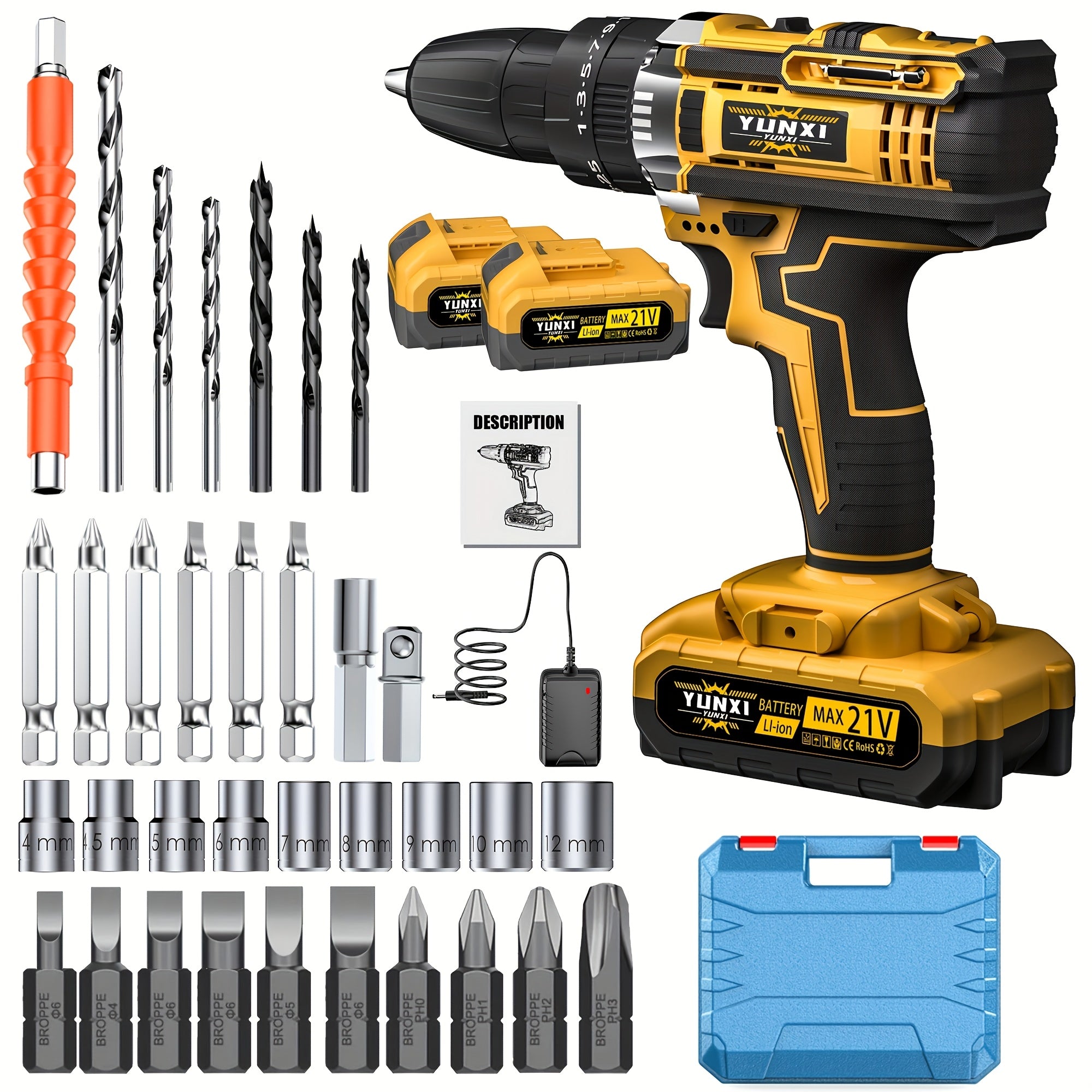 21V Cordless Drill Electric Screwdriver – Lithium Impact Drill Kit with Multifunctional Pistol Grip, Rechargeable Power Tool for Home & DIY