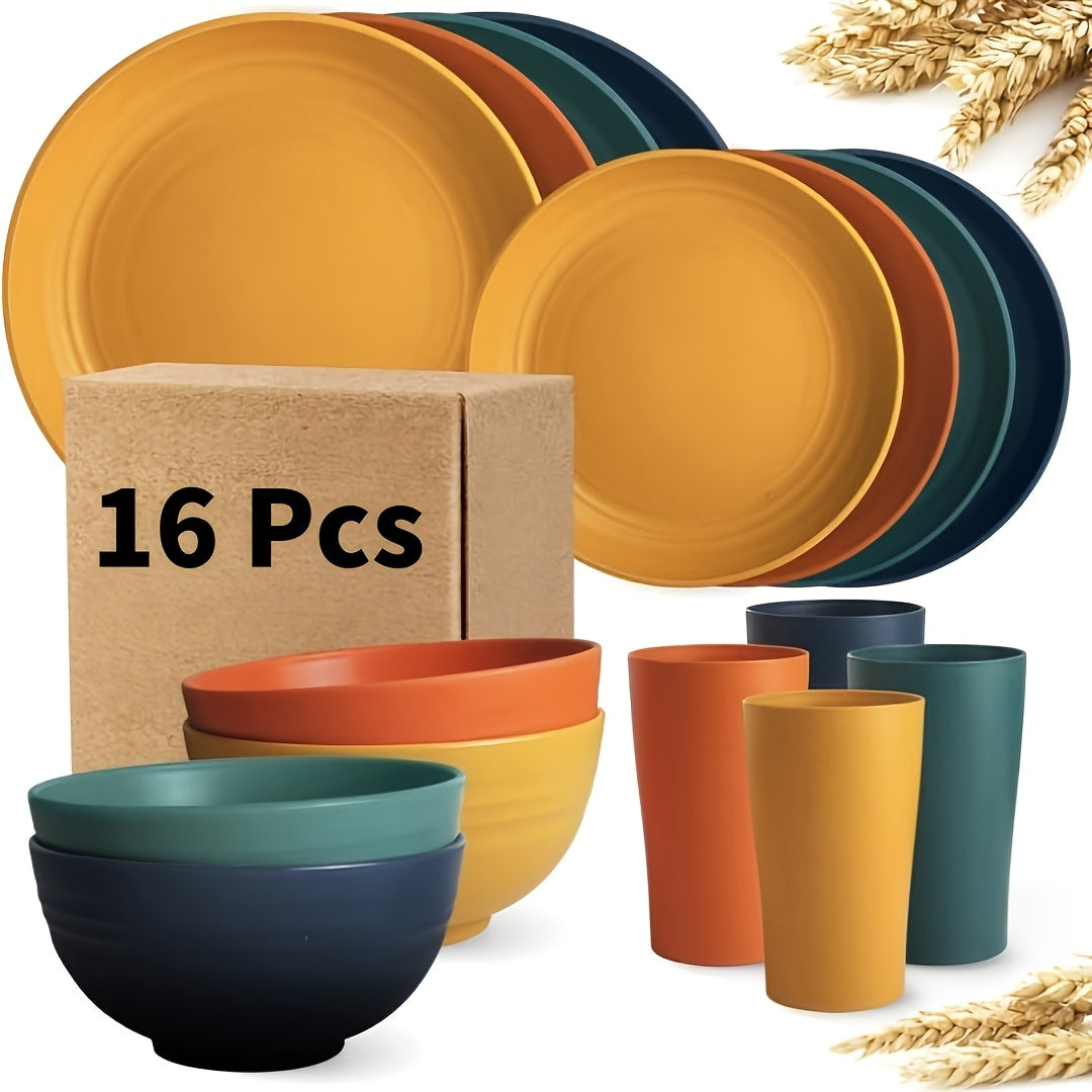 16/32pcs Plastic Dinnerware Set, Dinner Plates, Dessert Plates, Cereal Bowls & Cups, Dishwasher & Microwave Safe, Durable Lightweight – Camping, Family, RV & Outdoor Use – Black, White, Multicolour