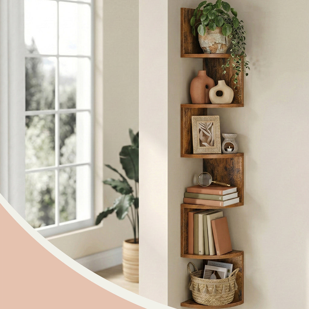 Corner Shelf, 5-Tier Floating Wall Shelf with Zigzag Design, Bookshelf, Rustic Brown