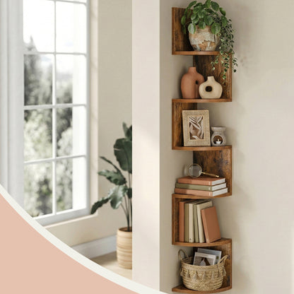 5-Tier Corner Floating Wall Shelf with Zigzag Design – Rustic Brown Bookshelf, 7.9"x7.9"x49.6", 33 lb Capacity, Scratch-Resistant for Living Room Bedroom Office