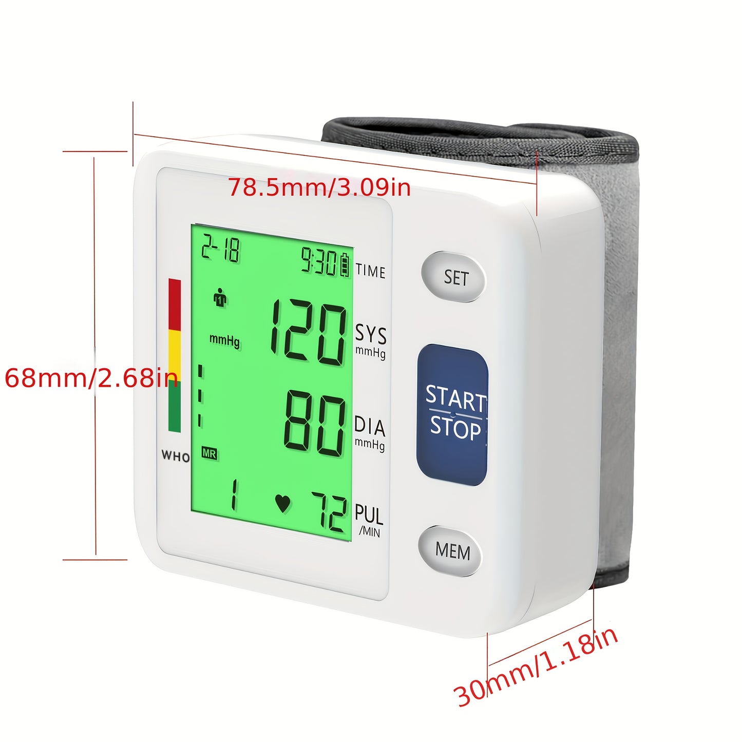 Wrist Blood Pressure Monitor with Tri-Color LCD Display – Adjustable Cuff, Heart Rate & Irregular Heartbeat Detection, 99 Memory, Dual User Mode, USB/Battery Powered