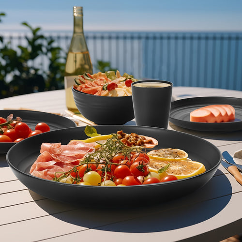 16/32pcs Plastic Dinnerware Set, Dinner Plates, Dessert Plates, Cereal Bowls & Cups, Dishwasher & Microwave Safe, Durable Lightweight – Camping, Family, RV & Outdoor Use – Black, White, Multicolour