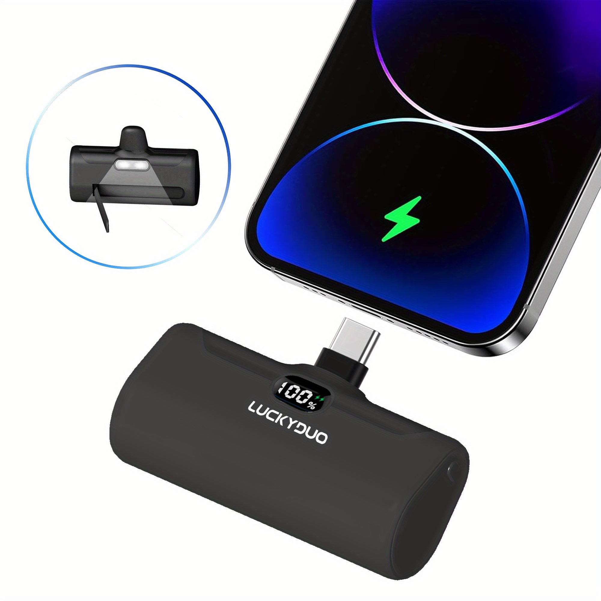 USB-C Portable Charger for Travel, 5000Mah Type-C Portable Phone Charger with Fast Charging (15W), Mini Battery Pack with Stand And LED Light for Iphone 15/16/For Samsung
