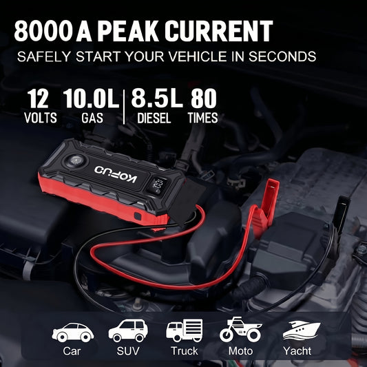 KOPUO 8000A Optional 7000A Peak Jump Starter, 12V High-Capacity Lithium Power Bank -20°C Cold Start, USB Power Bank & Fast Charge, Starts Gas And Up to 2.25gal Diesel, Smart Safety Clamps And 3-Mode LED Car Emergency And Camping Essential