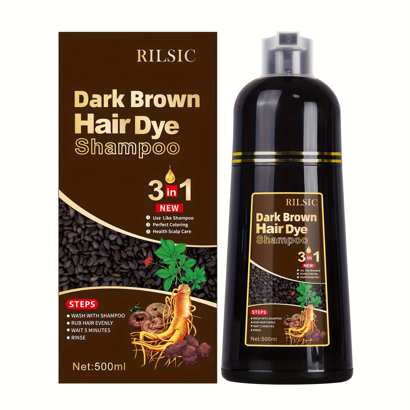 3-in-1 Hair Dye Colour Shampoo – Instant Grey Hair Coverage, Ammonia Free Herbal Formula, Lasts 30 Days for Men & Women | 16.91oz Natural Hair Colouring
