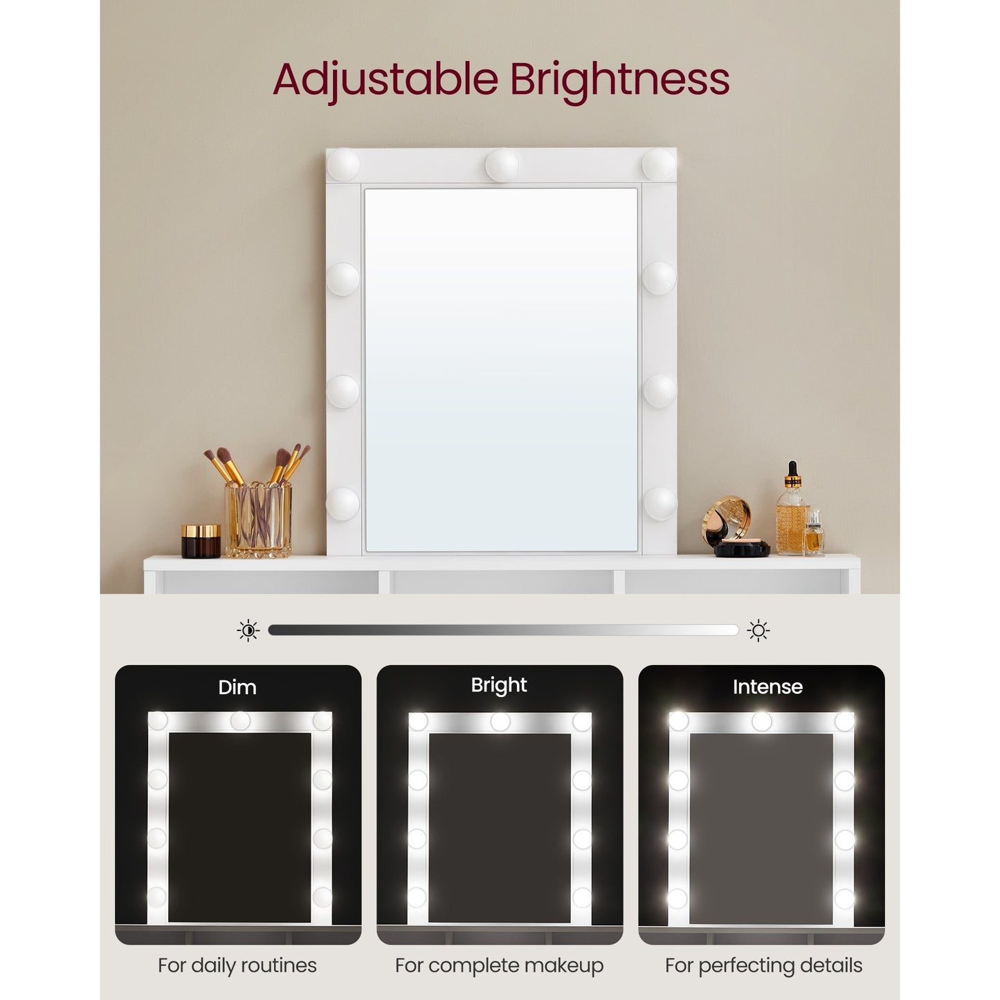 Lighted Vanity Desk with Mirror 31.5" Wide – Makeup Table with 9 Adjustable Brightness Bulbs, 2 Drawers & 3 Storage Compartments, Anti-Tip Kit, Modern White Dressing Table for Bedroom