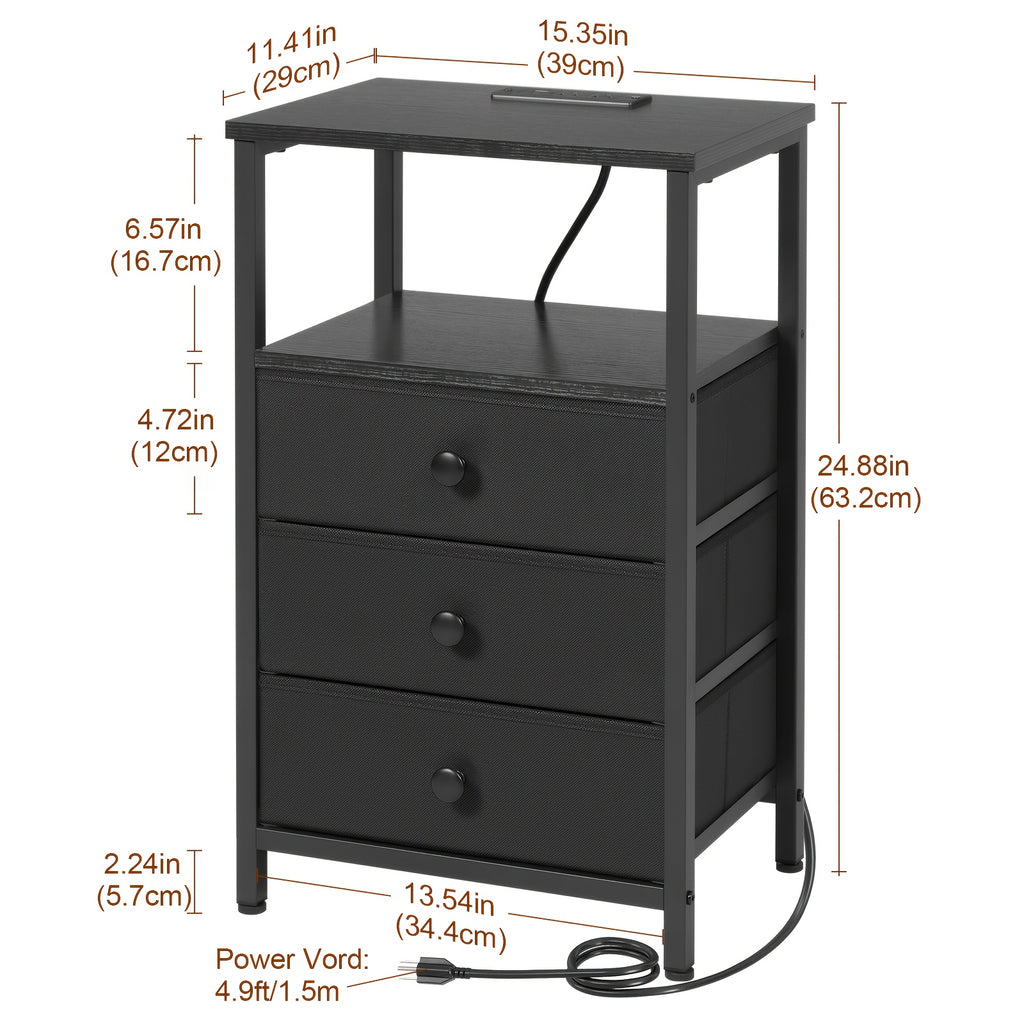 AMHANCIBLE Nightstand with Charging Station & 3 Fabric Drawers - Modern Bedside Table Set of 1 or 2, Spring Design, Bedroom & Living Room End Table Storage