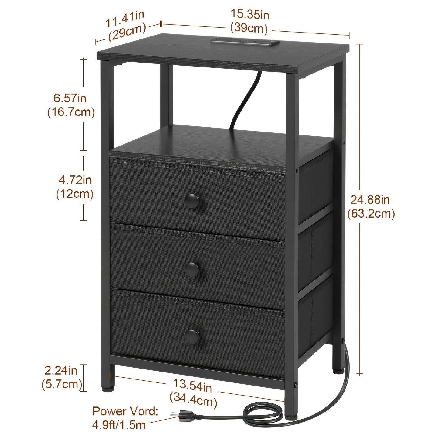 AMHANCIBLE Nightstand with Charging Station & 3 Fabric Drawers - Modern Bedside Table Set of 1 or 2, Spring Design, Bedroom & Living Room End Table Storage