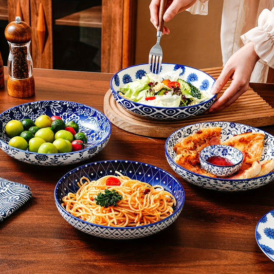 4pcs, Ceramic Pasta Bowls Set, 32 OZ Porcelain Serving Soup Cereal Bowls 8.5 Inch Wide And Shallow Salad Dinner Bowls, Microwave Dishwasher Oven Safe, Valentine'S Day, Christmas, Parties, Wedding, Housewarming, Kitchen Must Haves, Vintage Blue