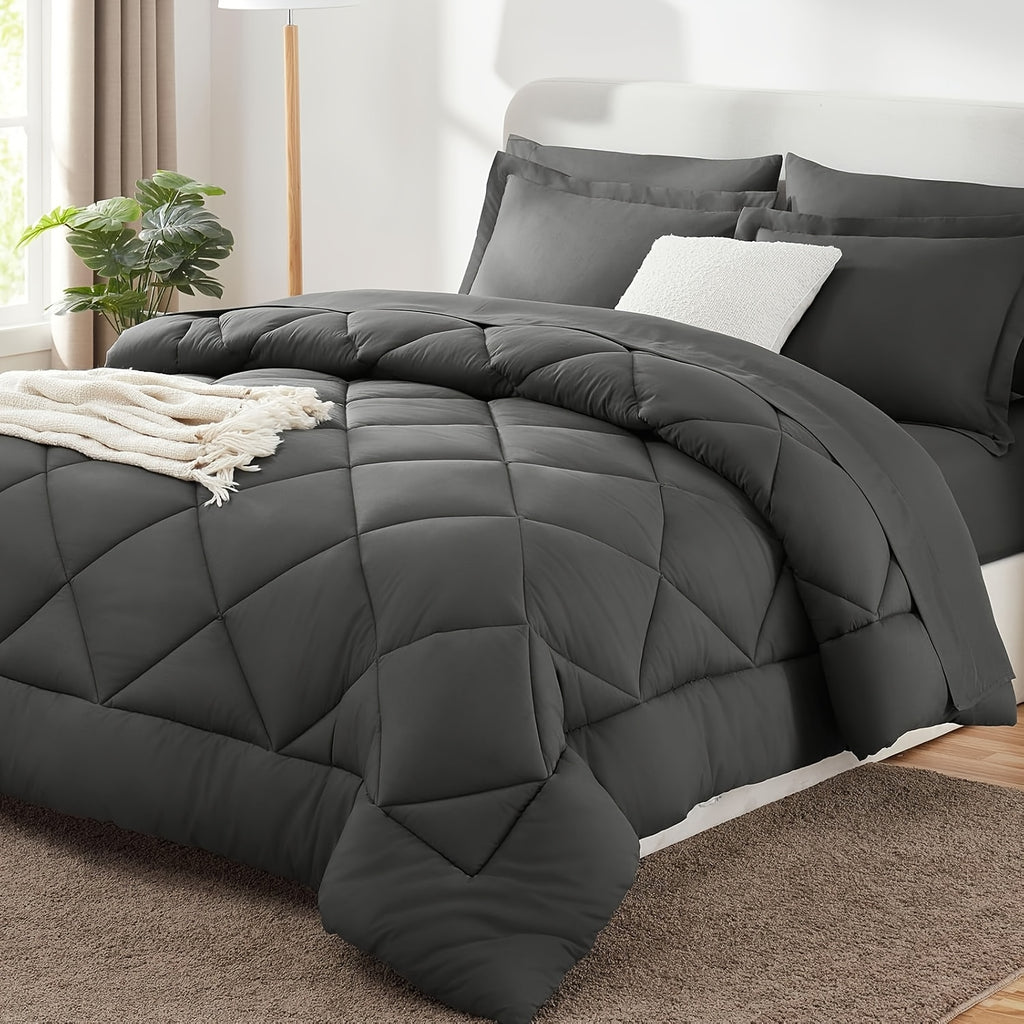7pcs Quilting Comforter Collection - Soft Brushed Material - Box Stitch Pattern - Luxuriously Soft Bedding Ensemble Including Comforter - Complete Bedding with Comforter, Flat Sheet, Fitted Sheet, Pillowcases