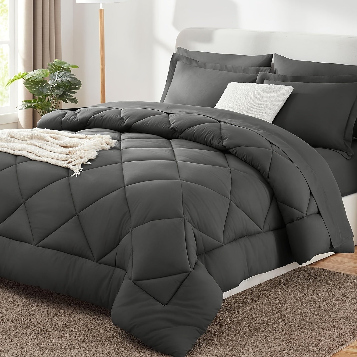 7pcs Quilting Comforter Collection - Soft Brushed Material - Box Stitch Pattern - Luxuriously Soft Bedding Ensemble Including Comforter - Complete Bedding with Comforter, Flat Sheet, Fitted Sheet, Pillowcases