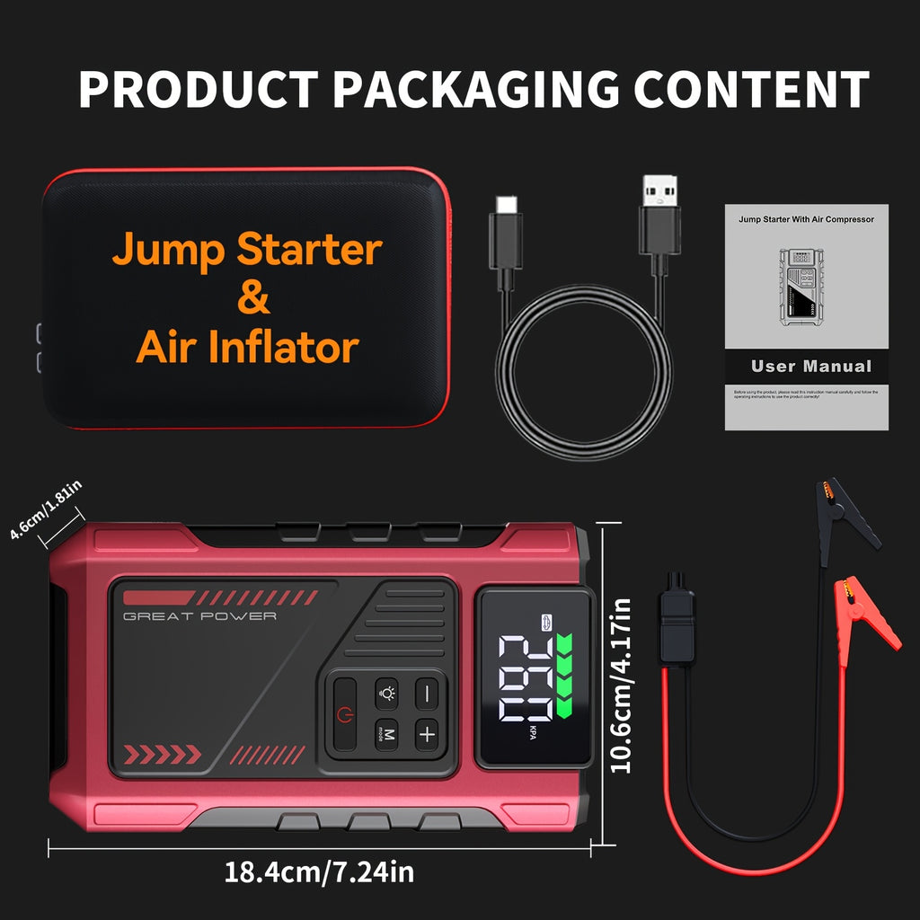 7000A Car Portable Wireless Car Air Compressor, Jump Starter With AirCompressor, Battery Jump StarterPortable Peak, Car Battery Charger Portable For12V(2.11gal Gas/1.72 gal Diesel) UsB Input/output, LED Emergency, Car Accessories Too