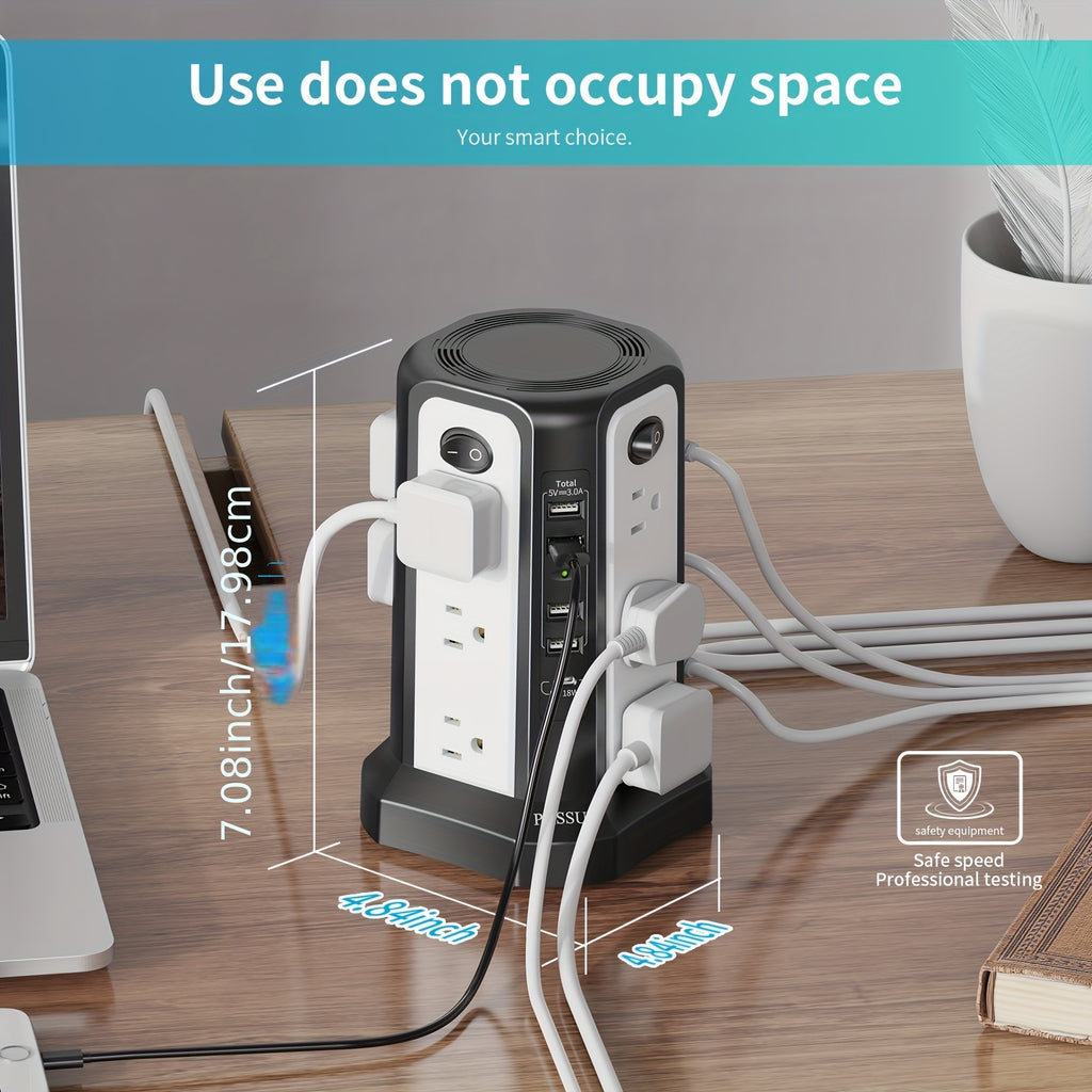 Tower Surge Protector Power Strip 17-in-1 – 8.8FT Extension Cord, 12 AC Outlets, 5 USB Ports with PD 18W USB-C, Surge Protection for Home Office Dorm & Business, Grey