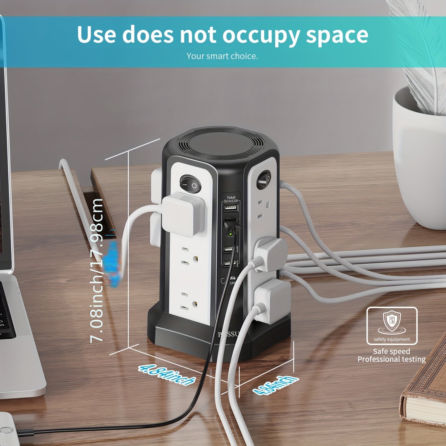 Tower Surge Protector Power Strip 17-in-1 – 8.8FT Extension Cord, 12 AC Outlets, 5 USB Ports with PD 18W USB-C, Surge Protection for Home Office Dorm & Business, Grey