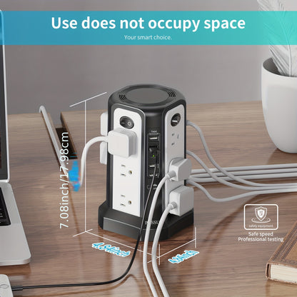 Tower Surge Protector Power Strip 17-in-1 – 8.8FT Extension Cord, 12 AC Outlets, 5 USB Ports with PD 18W USB-C, Surge Protection for Home Office Dorm & Business, Grey