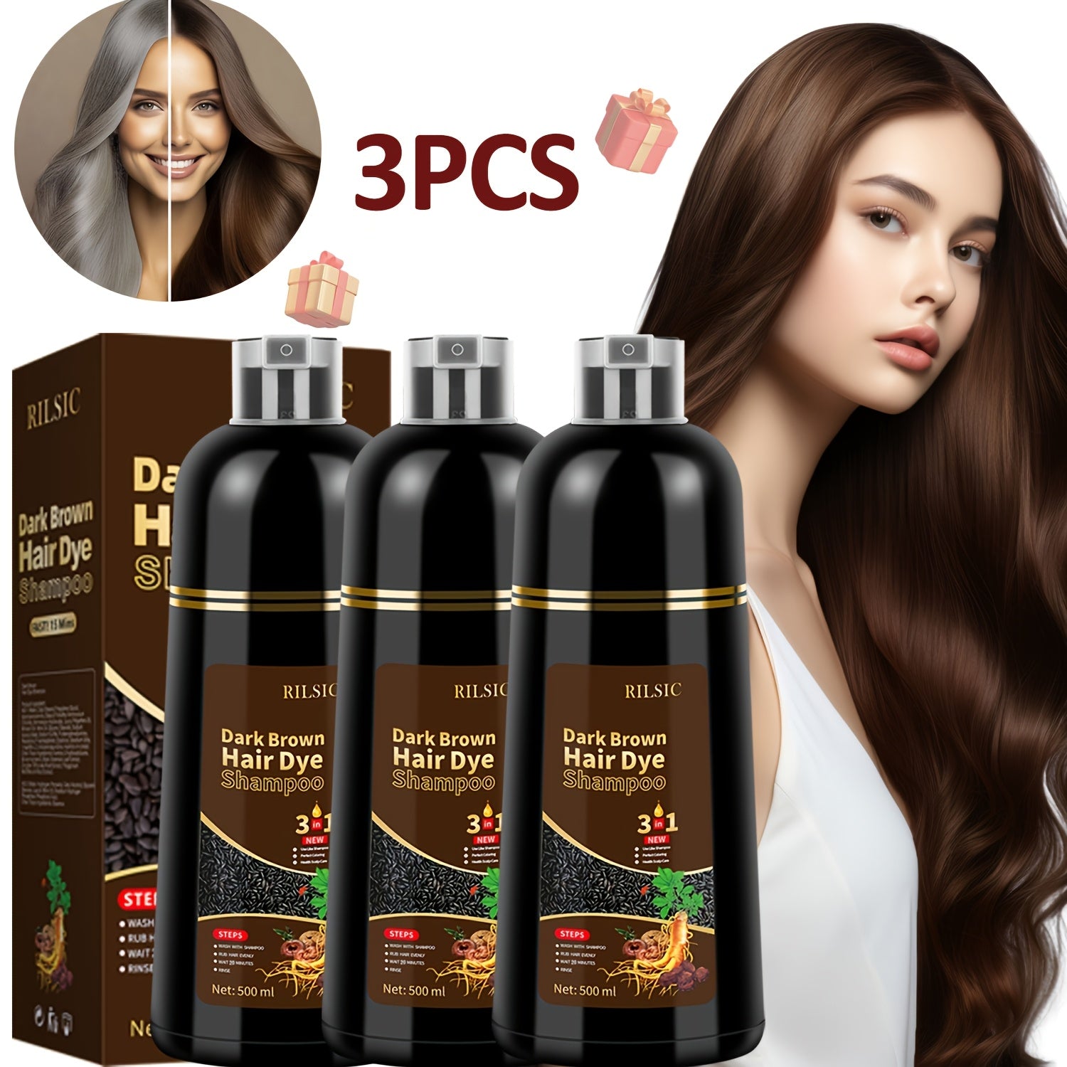 Hair Dye Shampoo for Grey Hair 3-Pack - Herbal Natural 3-in-1 Instant & Long-Lasting Gray Hair Coverage Shampoo for Men & Women, Plant Squalene Formula for All Hair Types