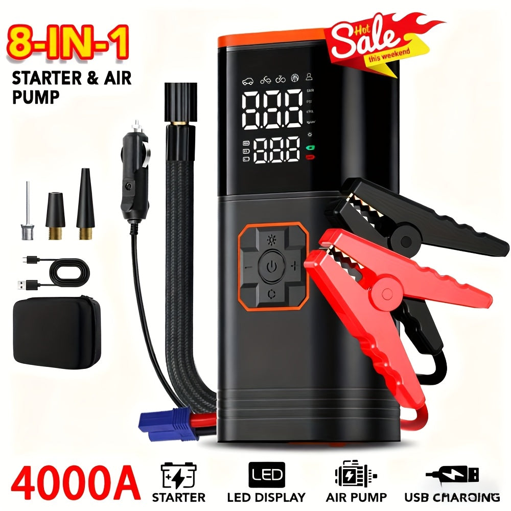 7000A Peak 12V Portable Emergency Jump Starter with Air Compressor, -C Fast, 12V Battery Charger, LED Light, Mobile Power Source, And Tire Inflator - 5-In-1 Multifunctional Emergency Power Unit, Plug Adapters, 24V/48V Input, 12V Output