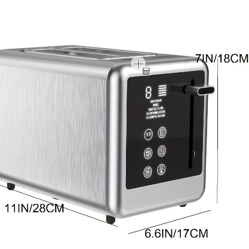 Stainless Steel Toaster with Dual-Slice Digital Touchscreen, Offering 5 Types of Bread And 6 Browning Levels. This 1.5-Inch Smart Toaster Includes Functions for Bagels, Cancel, Defrost, And Memory