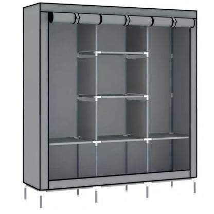 Slim Portable Wardrobe Closet with Curtain – Non-Woven Fabric, 2–6 Shelves & 2 Hanging Sections, Dustproof, Easy Assembly, Space-Saving Clothes Organizer for Bedroom & Apartment – Black & Grey