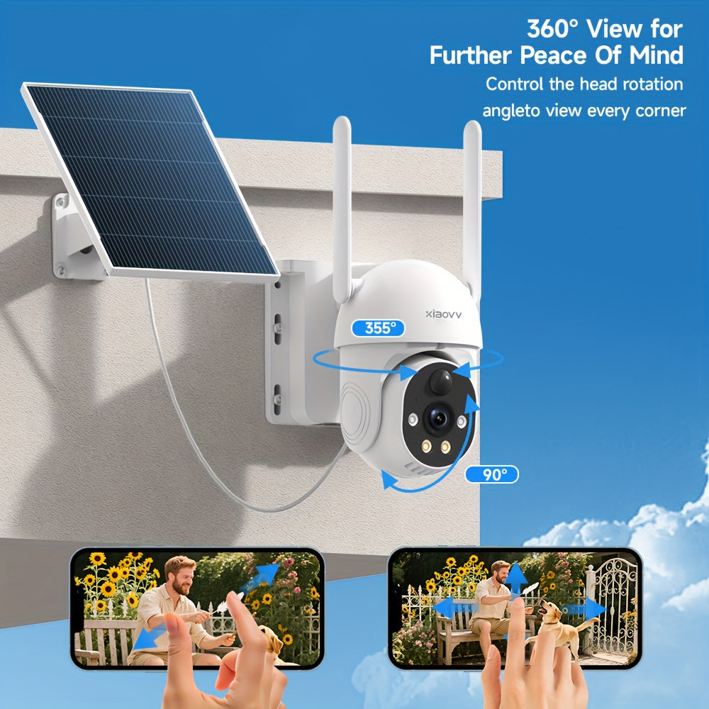 XIAOVV Solar Security Camera 360° PTZ Battery Powered Outdoor Wireless Monitoring Camera with Motion Detection Alerts, 2.4Ghz WiFi Connect, Color Night Vision, Two-Way Audio, for Home/Business Surveillance, Sleek Design, Durable Construction