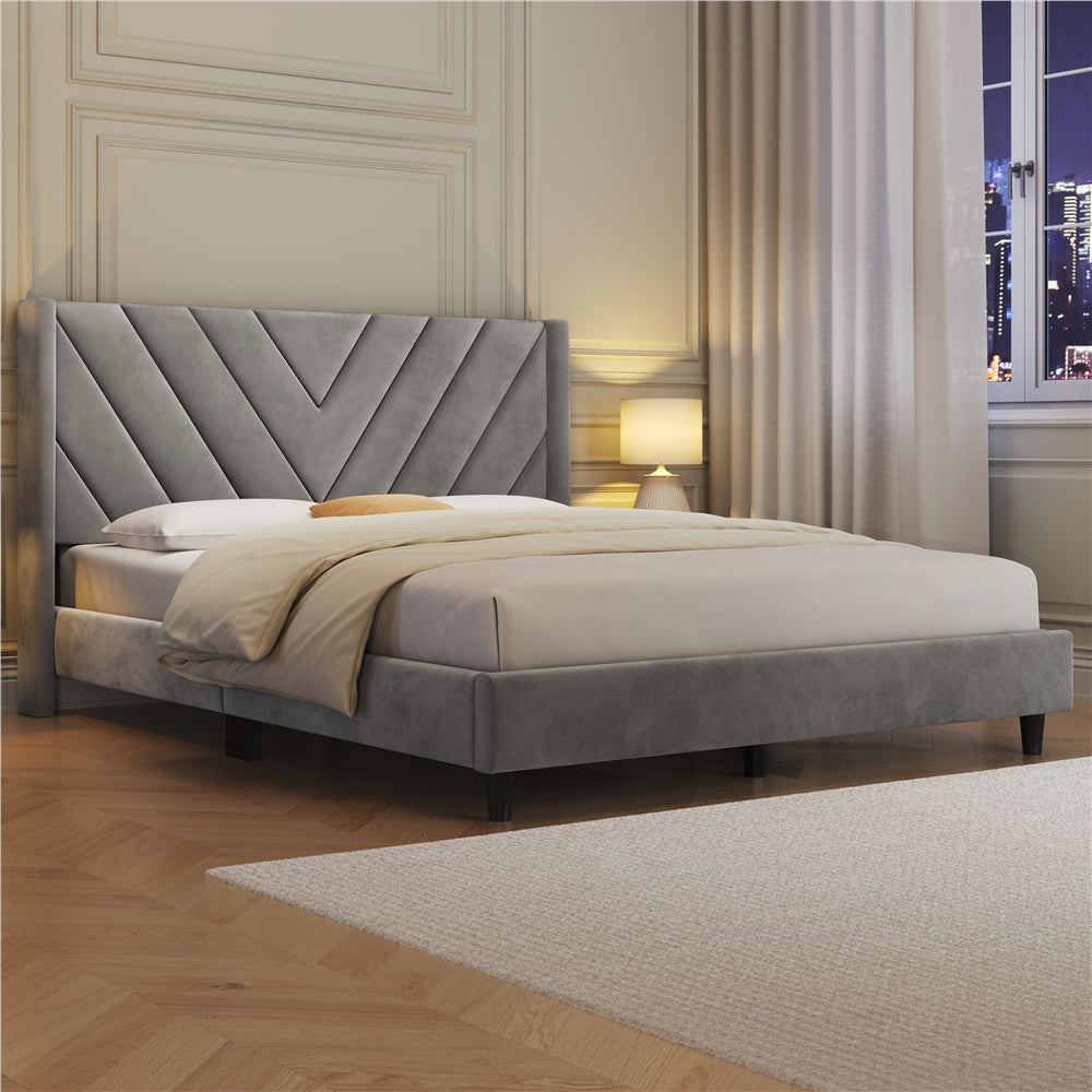 Upholstered Platform Bed with Tufted Headboard Wing Edge Wooden Slats Queen Full Bed Frame 800lb Capacity Beige Dark Gray Light Gray Pink - Canada
