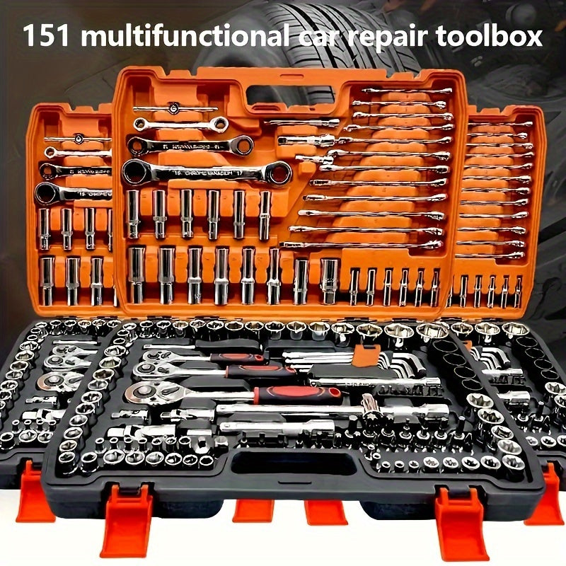 Mechanical Tool Set with Plastic Toolbox – Ratchet Handle, SAE & Metric Sockets, Extension Bar, Universal Joint, Slide Bar & Hex Keys | Manual Automotive Repair Kit | ShopVora CA