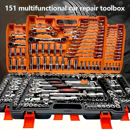 Mechanical Tool Set with Plastic Toolbox – Ratchet Handle, SAE & Metric Sockets, Extension Bar, Universal Joint, Slide Bar & Hex Keys | Manual Automotive Repair Kit | ShopVora CA
