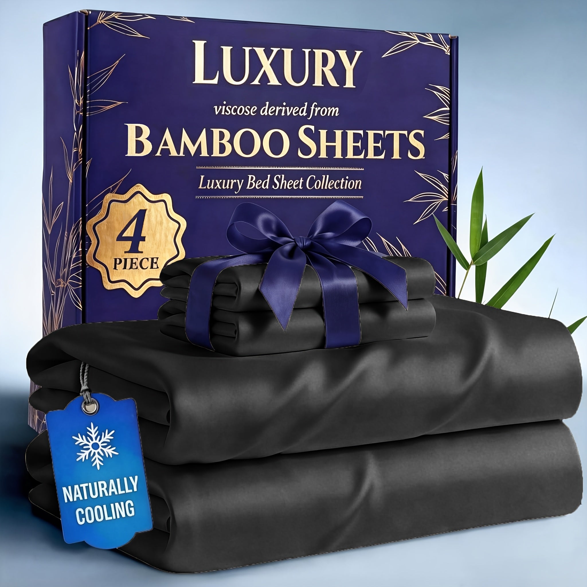 Bamboo Cooling Bed Sheets Set 4-Piece – Soft Lightweight Breathable Deep Pocket 16" Fitted Sheet for Hot Sleepers, Flat Sheet & 2 Pillowcases for Bedroom Kids Room