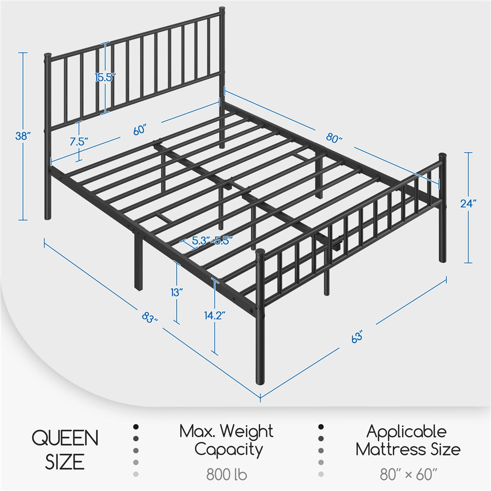 ALDEN DESIGN Bed Frame, Metal Platform Bed Frame, Minimalist Metal Bed Frame with Vertical Bar Headboard and Footboard, Underbed Storage, Bedroom, Farmhouse Metal Bed Foundation for Guest Room, Loft, Condo, Apartment, White/Black, Twin/Full/Queen Size