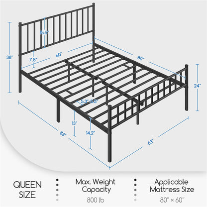 Metal Platform Bed Frame Vertical Bar Headboard Minimalist Farmhouse Metal Bed Foundation with Underbed Storage Twin Full Queen Size for Guest Room Loft Condo Apartment Bedroom Canada