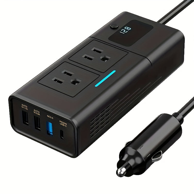 200W Car Power Inverter DC 12V to AC 110V – QC3.0 USB + Type-C + Dual USB Ports, Compact Car Plug Adapter for Laptops, Phones & Devices – Road Trip & Travel Canada