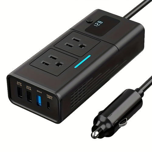 200W Car Power Inverter DC 12V to AC 110V – QC3.0 USB + Type-C + Dual USB Ports, Compact Car Plug Adapter for Laptops, Phones & Devices – Road Trip & Travel Canada