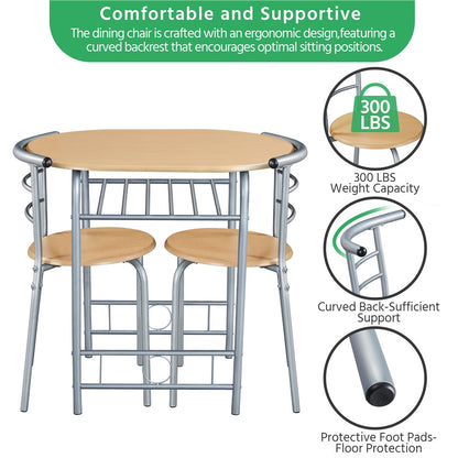 3-Piece Round Dining Table Set for 2 – Space Saving Kitchen Table & Chairs with Steel Legs, Storage Rack | Modern Compact Dining Set for Apartments, Dorm Rooms & Breakfast Nooks
