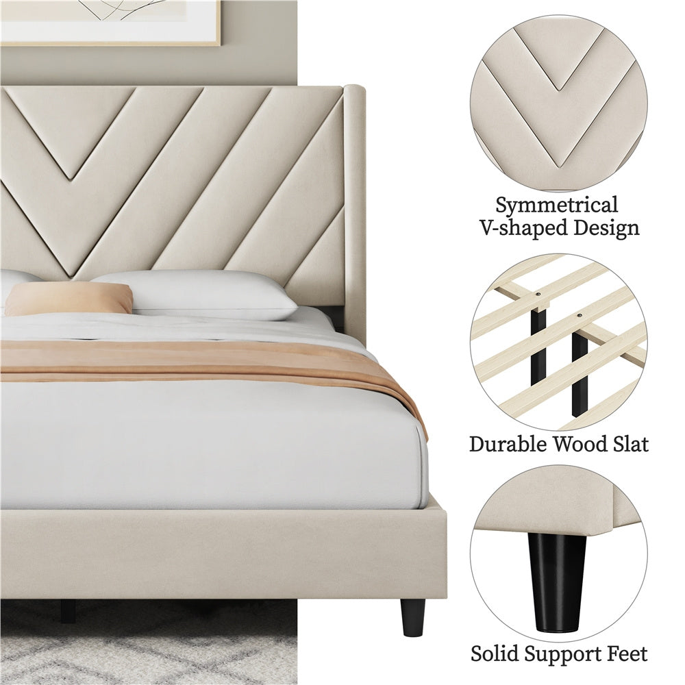 ALDEN DESIGN Upholstered Platform Bed,Upholstered Platform Bed with Wing Edge, Bed Frame with Wooden Support Slats, Upholstered Platform Bed with Tufted Headboard, Upholstered Bed with Headboard, Queen/Full,Beige/Dark Gray/Light Gray/Pink