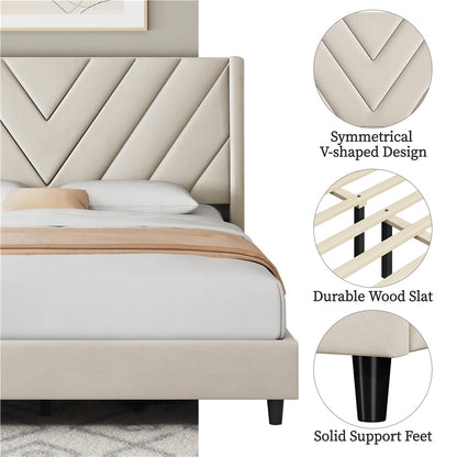 Upholstered Platform Bed with Tufted Headboard Wing Edge Wooden Slats Queen Full Bed Frame 800lb Capacity Beige Dark Gray Light Gray Pink - Canada