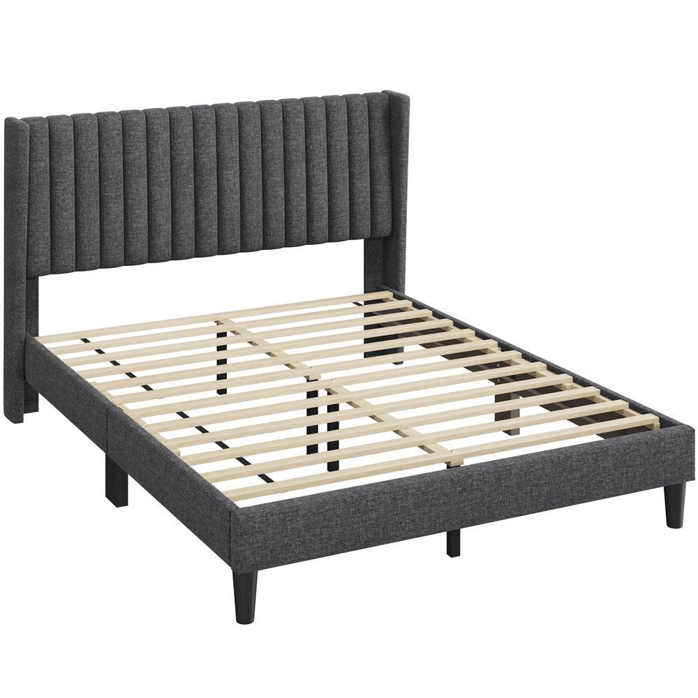 ALDEN DESIGN Bed Frame, Upholstered Bed Frame with Wing Side, Fabric Upholstered Bed with Headboard, Platform Bed Frame with Channel Tufted Headboard, Mattress Foundation with Wood Slat Support, No Box Spring Needed,King/Queen/Full, Ivory/Dark Gray/Black/