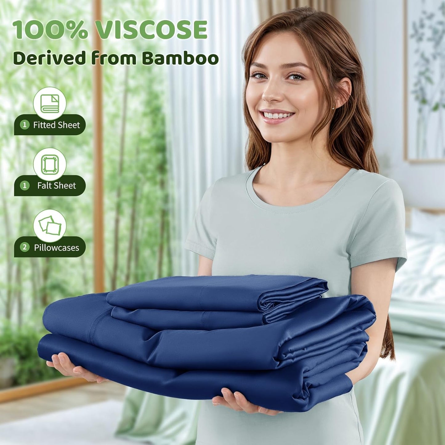 Bamboo Sheets Set 3/4pcs 2200TC Viscose Cooling Bed Sheet Set - Deep Pocket Breathable Hotel Quality Bedding for Hot Sleepers | Twin Full Queen King