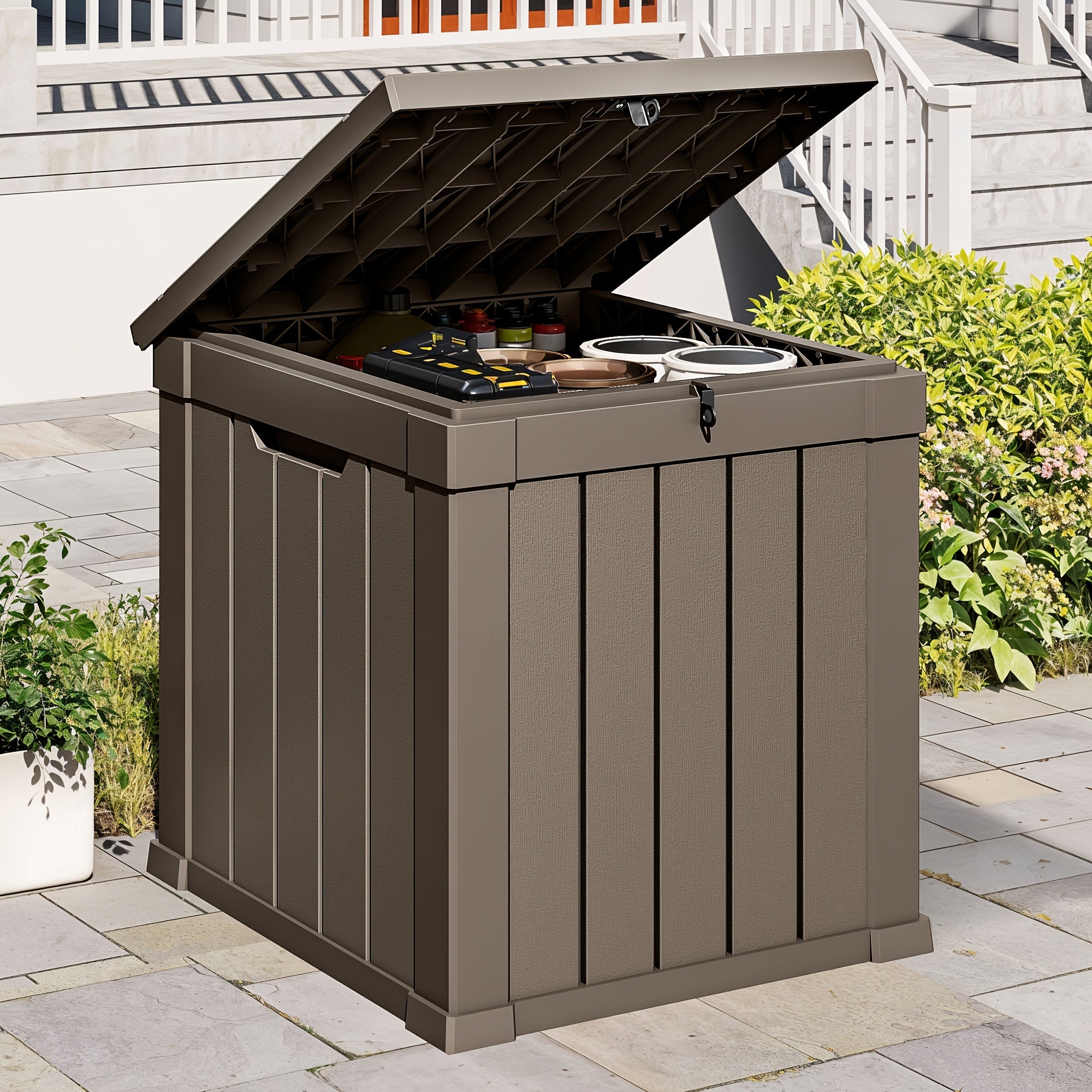 Outdoor Waterproof Resin Deck Box 51 80 150 180 Gallon - Weatherproof Patio Storage Box Bench and Table for Garden Tools Pool Supplies Patio Furniture Brown Black Canada