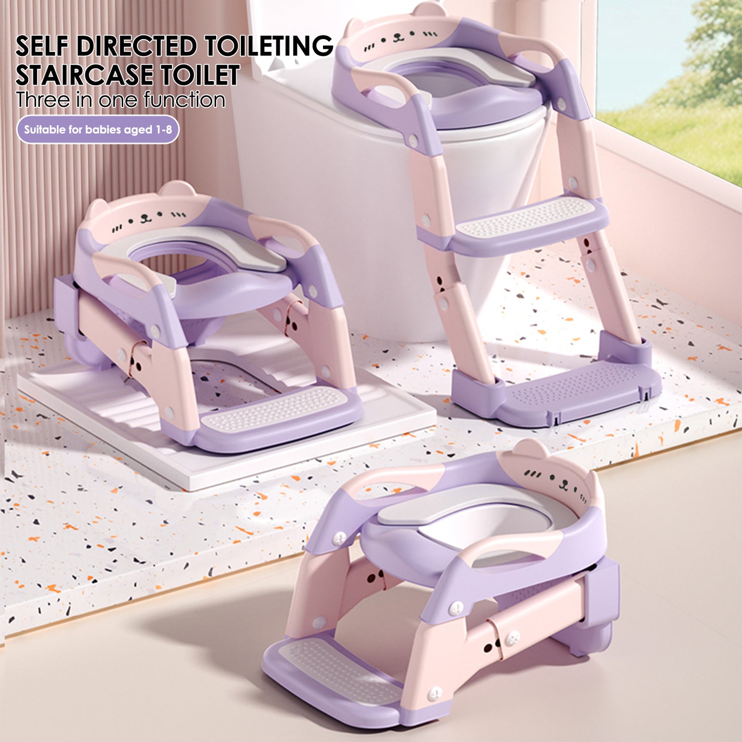 Foldable Potty Training Toilet for Toddlers 3-in-1 with Height Adjustment, Splash Guard, Anti-Slip Steps & Soft Seat – Converts to Real Toilet Seat, Step-by-Step Guide Included – Pink/Lavender, Boys & Girls