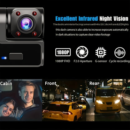 3-Lens Dash Cam with Front Inside Cabin & Rear Reversing Camera – WiFi, 1080P, Night Vision, G-Sensor, Loop Recording, Parking Monitor – Taxi Truck SUV Rideshare Car Accessory, 16GB/32GB
