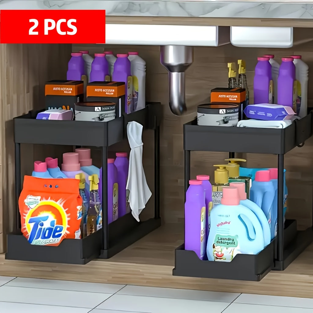 Pull-Out Under Sink Organizer 2-Pack with Hooks – Space-Saving Cabinet Storage Basket for Bathroom & Kitchen, Bottom Shelf Organizer, Black