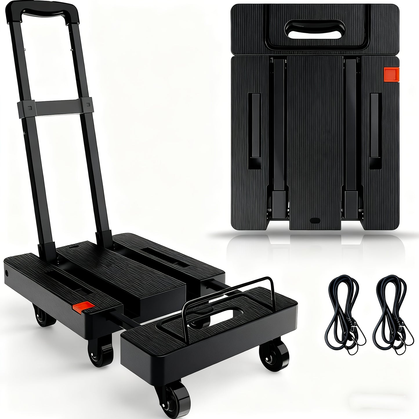 Folding Hand Truck 500 Lbs Heavy Duty, 6-Wheel Collapsible Dolly Cart with Extendable Base, Adjustable Telescoping Handle, 2 Elastic Ropes, Portable Luggage Cart for Moving Shopping Travel Industry