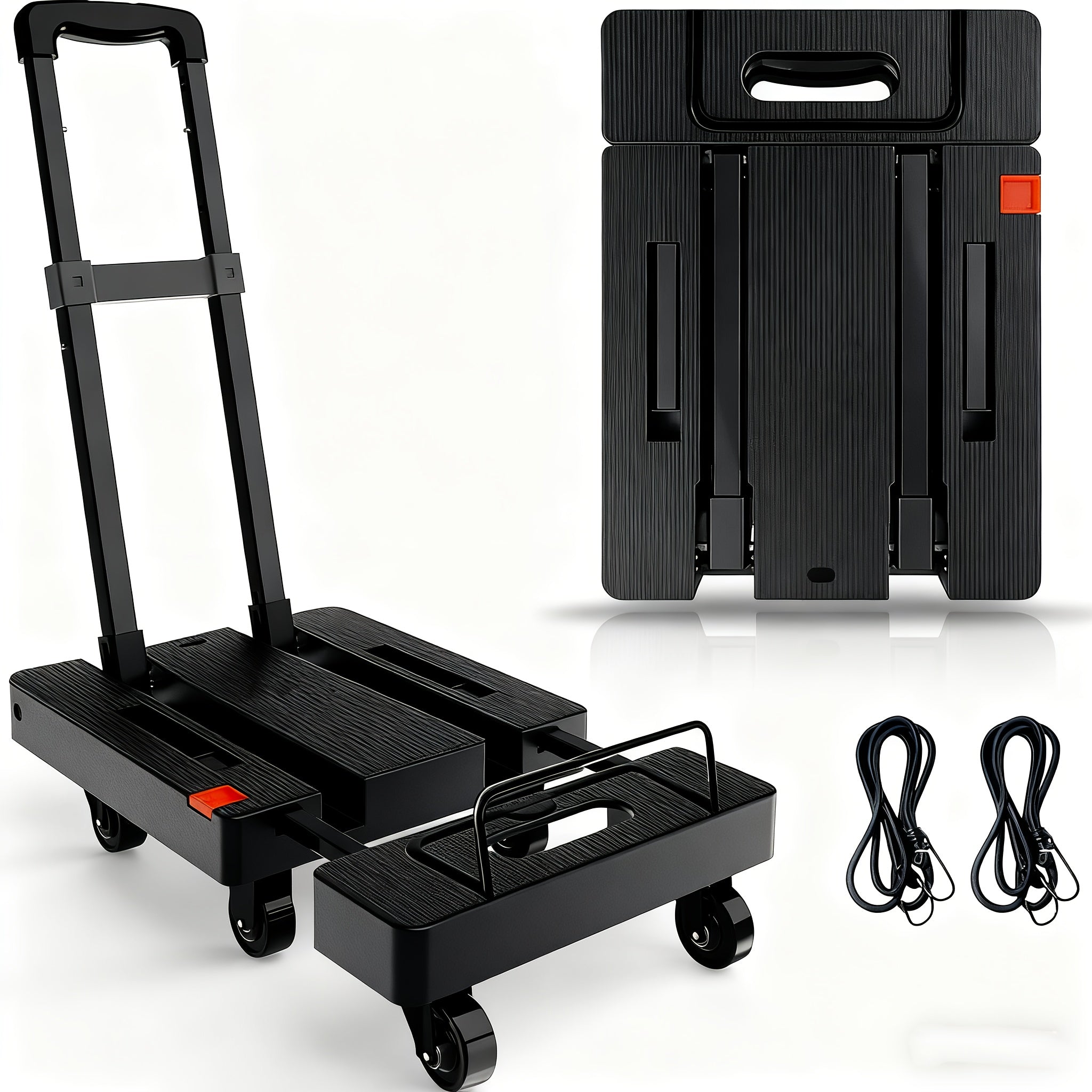 SPACEKEEPER Folding Hand Truck, 500 Lbs Heavy Duty Foldable Luggage Cart, 6 Wheels Utility Dolly Platform Cart with 2 Elastic Ropes, Portable Collapsible Dolly Cart with Extendable Base, Black Folding Cart, Travel, Moving, Shopping, Industry, Office