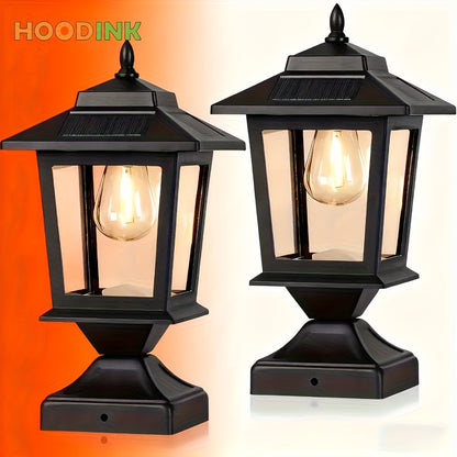 Solar Post Cap Lights for 4x4 Wood Posts – HOODINK 2-Pack Waterproof Outdoor LED with Glass Shade, Matte Black Deck Fence & Patio Decor