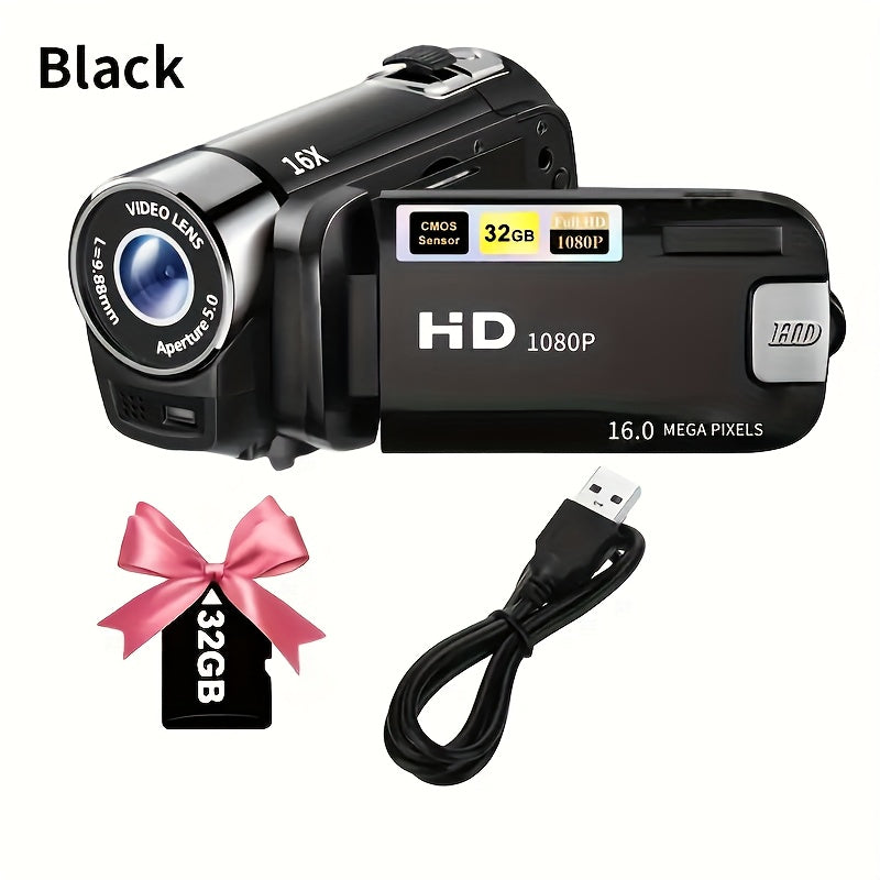 1080P Full HD Digital Camera with 270° Rotating Flip Screen, 32GB Memory Card Included, 16x Zoom, Wide Angle Lens, Portable Vlogging Camera for Travel, Outdoor & Party Recording