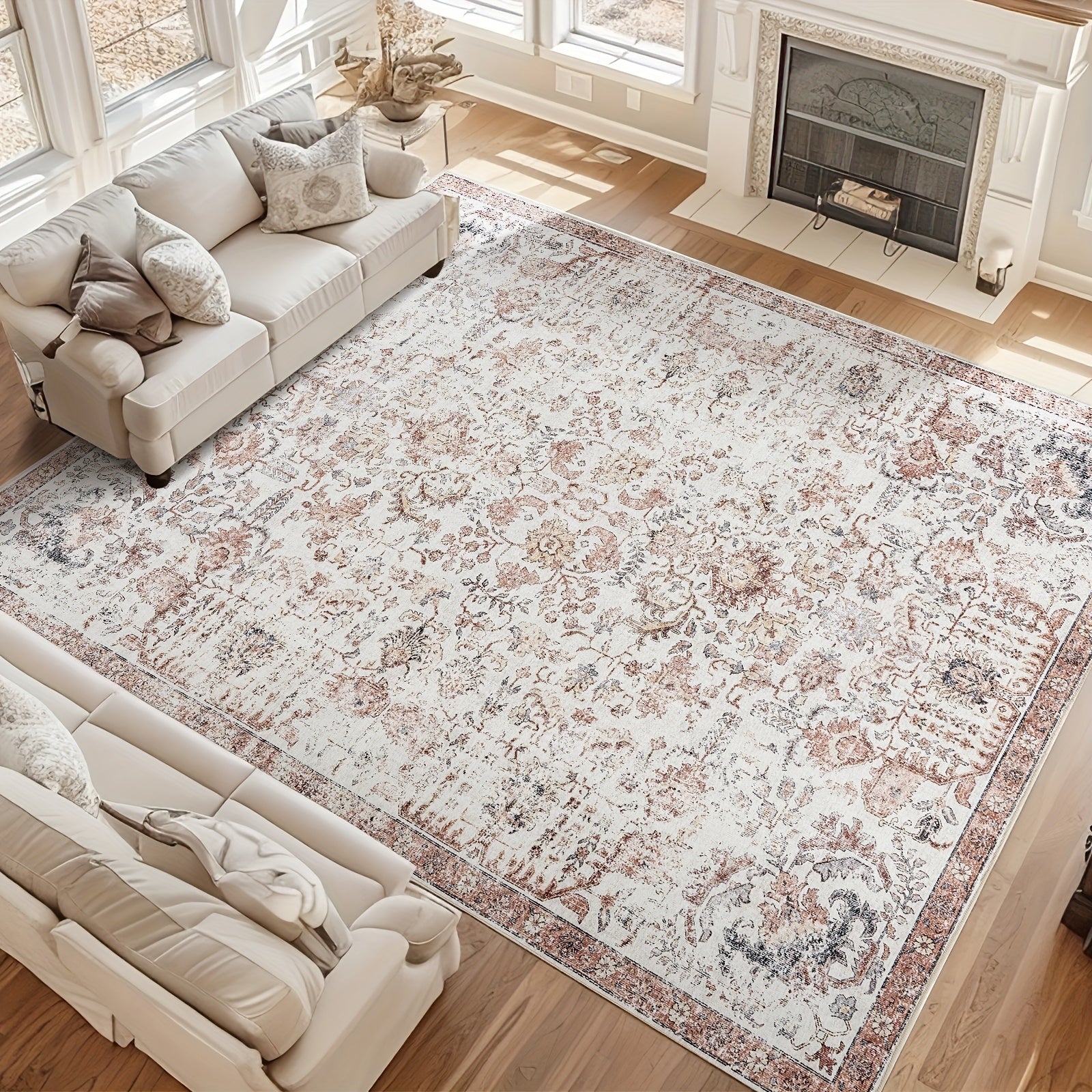Vintage Boho Distressed Floral Area Rug – Machine Washable, Non-Slip Backing, Stain Resistant – Retro Oversized Accent Carpet for Living Room, Bedroom, Kitchen & Dining Room