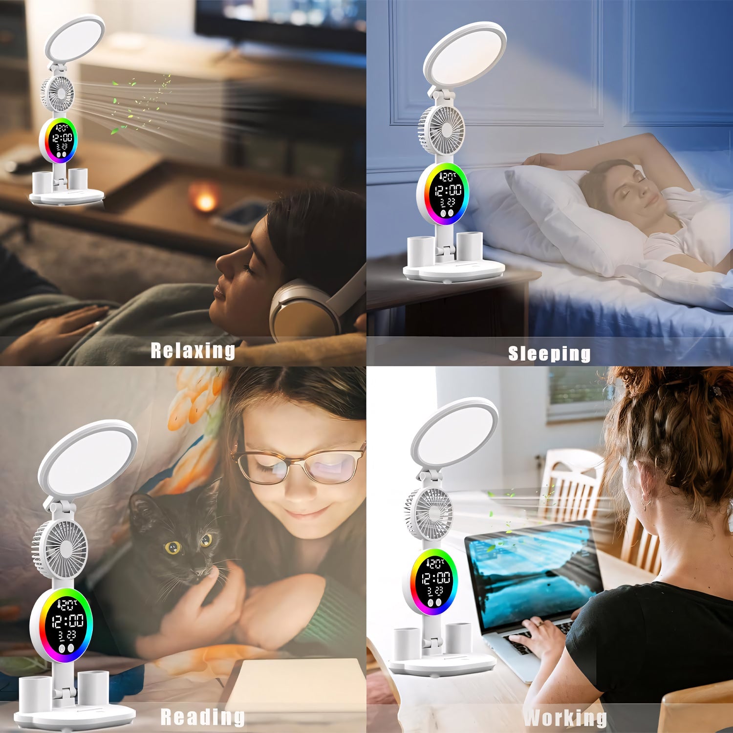 LED Desk Lamp for Study with LED Light, Built-in Fan, Time & Date Display, Temperature Display, Pen Holder Organizer, Touch Control, USB Powered (none rechargable) Multifunction Reading Lamp, Adjustable Brightness Eye-Care Table Lamp