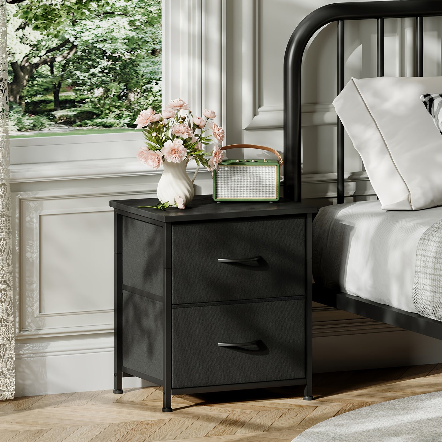 EUNOS 2-Drawer Nightstand with Removable Fabric Bins – Sturdy Steel Frame, Wood Top Bedside Table | Small Dresser for Bedroom, Closet & Living Room | 3 Finishes, 1pc & 2pc Options | ShopVora CA