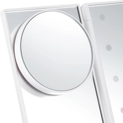 Tri-Fold LED Vanity Makeup Mirror 1x/2x/3x Magnification – 21 LED Lights, Touch Dimmer, 180° Rotation – Lighted Dressing Mirror for Women – Tabletop Makeup & Travel Mirror